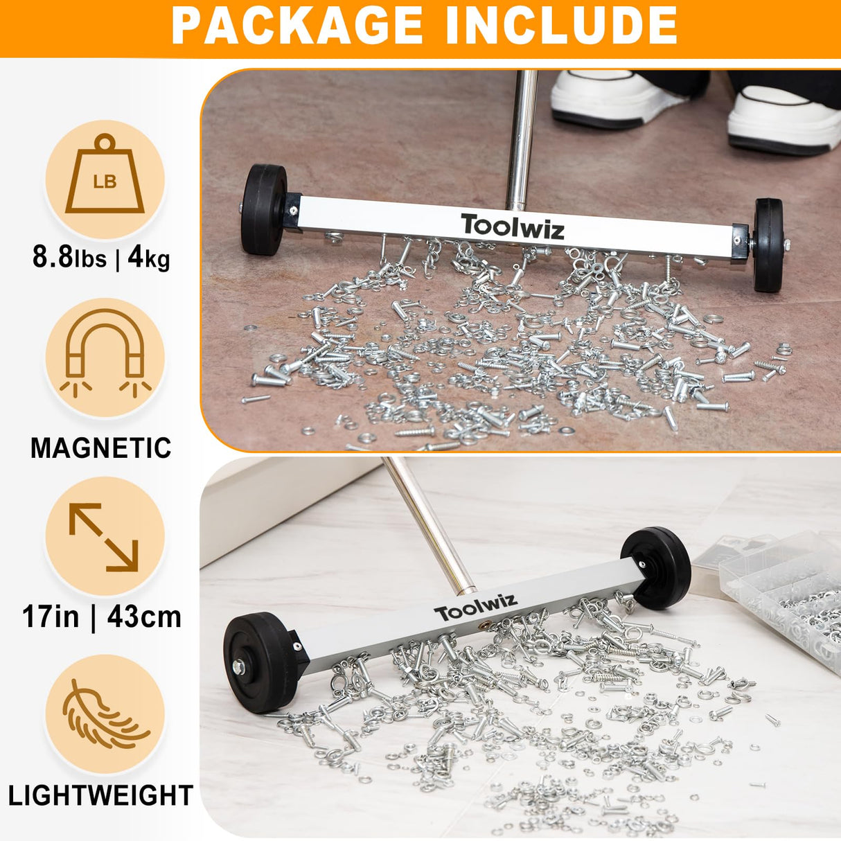 Toolwiz Magnetic Pick Up Sweeper 17-inch Heavy Duty Magnet Pickup Lawn Sweeper Roofing Tools, 8.8 Lbs Yard Tools with Telescoping Holder and Wheels to Clean Nails Adjustable Handle for Construction Toolwiz