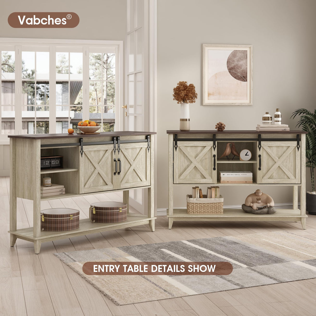 Vabches Entryway Table with 2 Sliding Barn Doors, 46" Farmhouse Console Table with Adjustable Storage Shelf, Sofa Table for Entryway, Hallway, Living Room, Metal Corner Trim & Handles, Rustic White Vabches