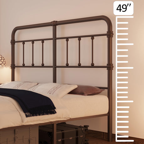 Macbimony Vintage Antique Metal King-Size Bed Frame with High Headboard - No Box Spring Needed (Brown) Macbimony