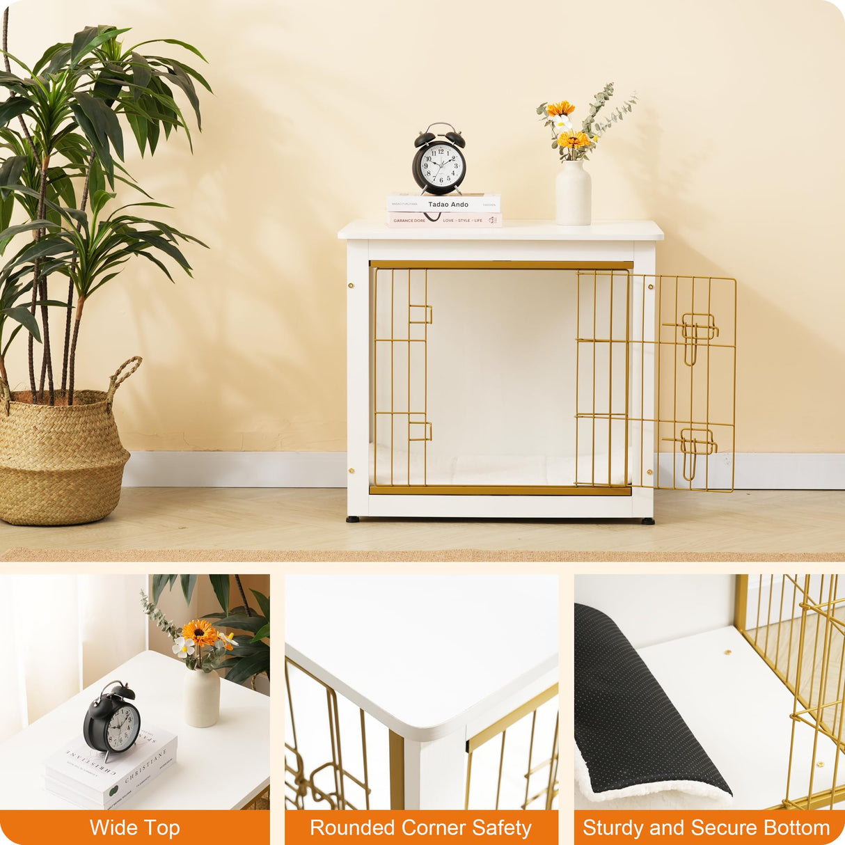 DWANTON Dog Crate Furniture with Cushion, Wooden Dog Crate with Double Doors, Dog Furniture, Dog Kennel Indoor for Small/Medium/Large Dog，End Table, Small, 27.2" L, White Dwanton