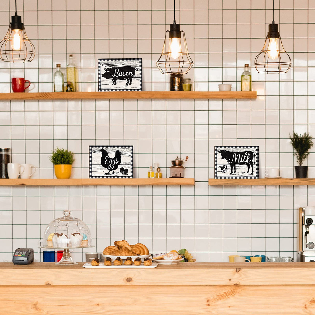 Jetec 3 Pieces Farmhouse Kitchen Signs Cow Rooster and Pig Decors 7.9 x 5.9 Inch Rustic Wooden Signs Country Wall Decorations for Kitchen Wall Decor and Home Decor (Rustic Style) Jetec