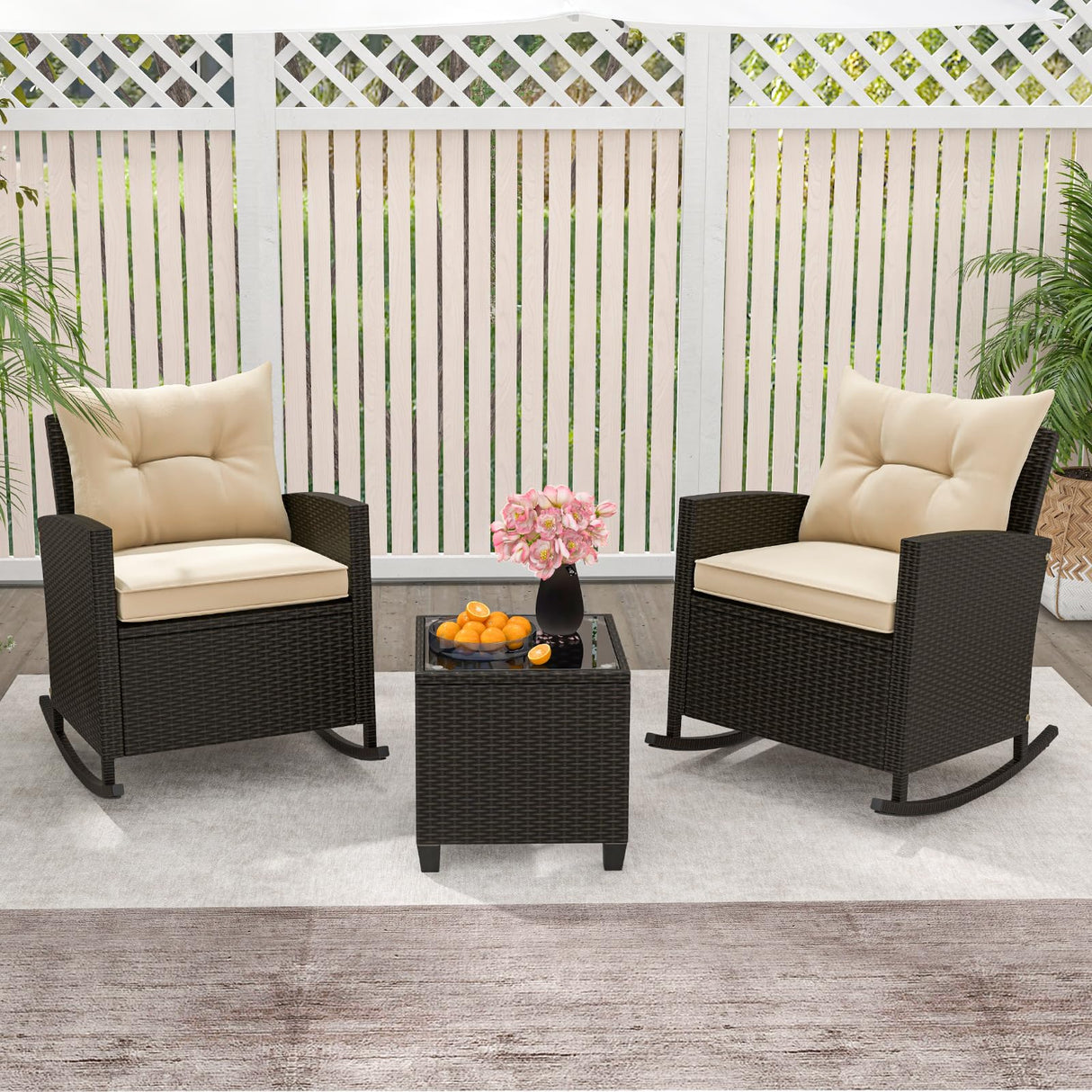 Tangkula 3 Piece Wicker Rocking Set, Patio Rattan Roker Chairs with Tempered Glass Table & Soft Cushions, Outdoor Furniture Set for Backyard, Poolside Porch (Beige) Tangkula