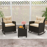 Tangkula 3 Piece Wicker Rocking Set, Patio Rattan Roker Chairs with Tempered Glass Table & Soft Cushions, Outdoor Furniture Set for Backyard, Poolside Porch (Beige) Tangkula