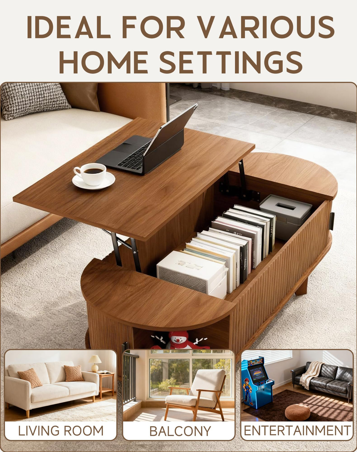Pulsyeen Oval Coffee Table with Storage, 47.2" Fluted Lift Top Coffee Table with 180° Sliding Tambour Door, Mid Century Modern Center Table for Living Room, Office, Cafe, Walnut Pulsyeen