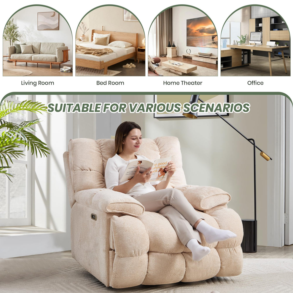 VIKAYAMICS Oversized Rocker Recliner Chair 42” Power Swivel Recliner for Living Room Overstuffed Extra Wide Rocking Recliners with Breathable Soft Fabric Up to 400lbs(Power Beige) VIKAYAMICS