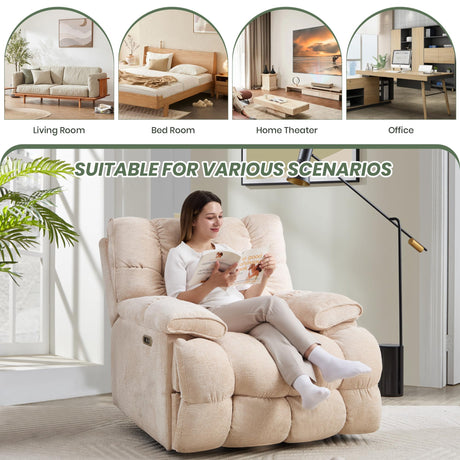 VIKAYAMICS Oversized Rocker Recliner Chair 42” Power Swivel Recliner for Living Room Overstuffed Extra Wide Rocking Recliners with Breathable Soft Fabric Up to 400lbs(Power Beige) VIKAYAMICS
