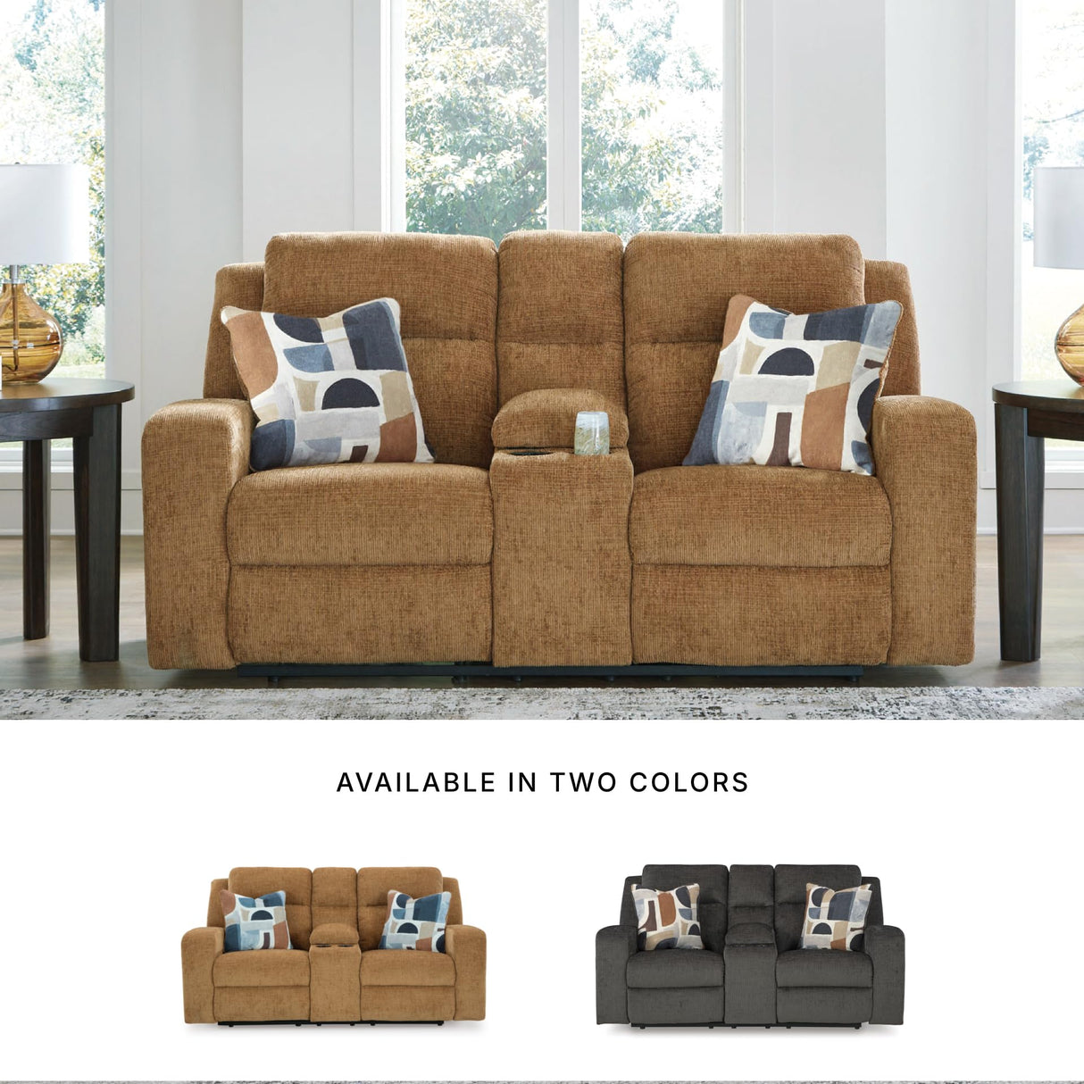 Signature Design by Ashley Kanlow Contemporary Manual Double Reclining Loveseat with Console, Storage, Cup Holders and 2 Accent Pillows, Light Brown Signature Design by Ashley