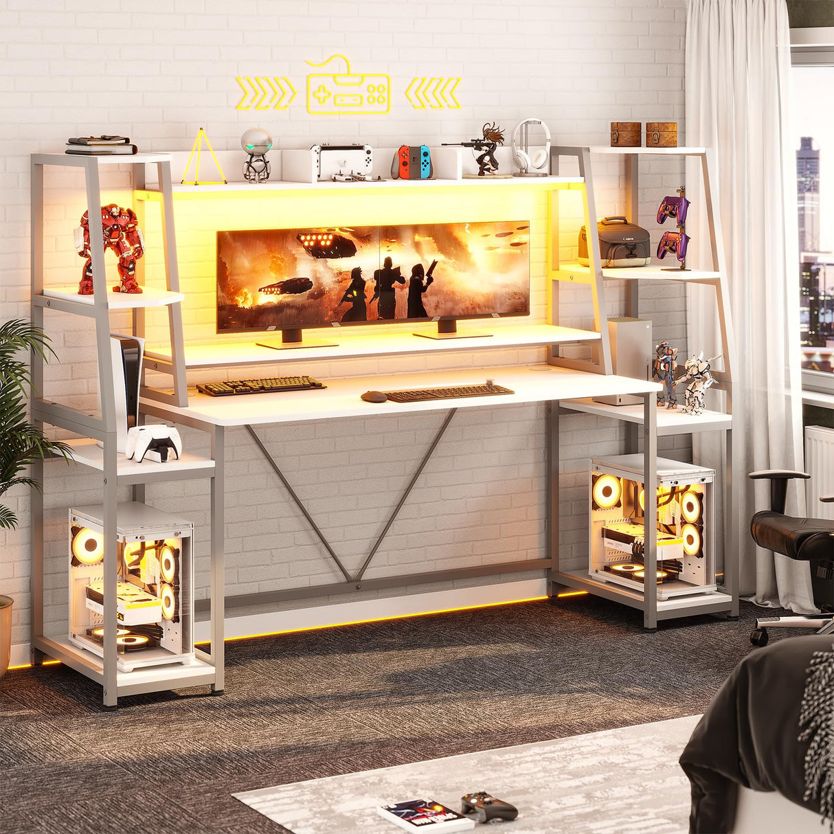 SEDETA White Gaming Desk 78.8'' with LED Lights, Hutch and Storage Shelves, Computer Desk with Monitor Stand, Large PC Gamer Desk Workstation, Ergonomic Gaming Table for Bedroom, Living Room SEDETA