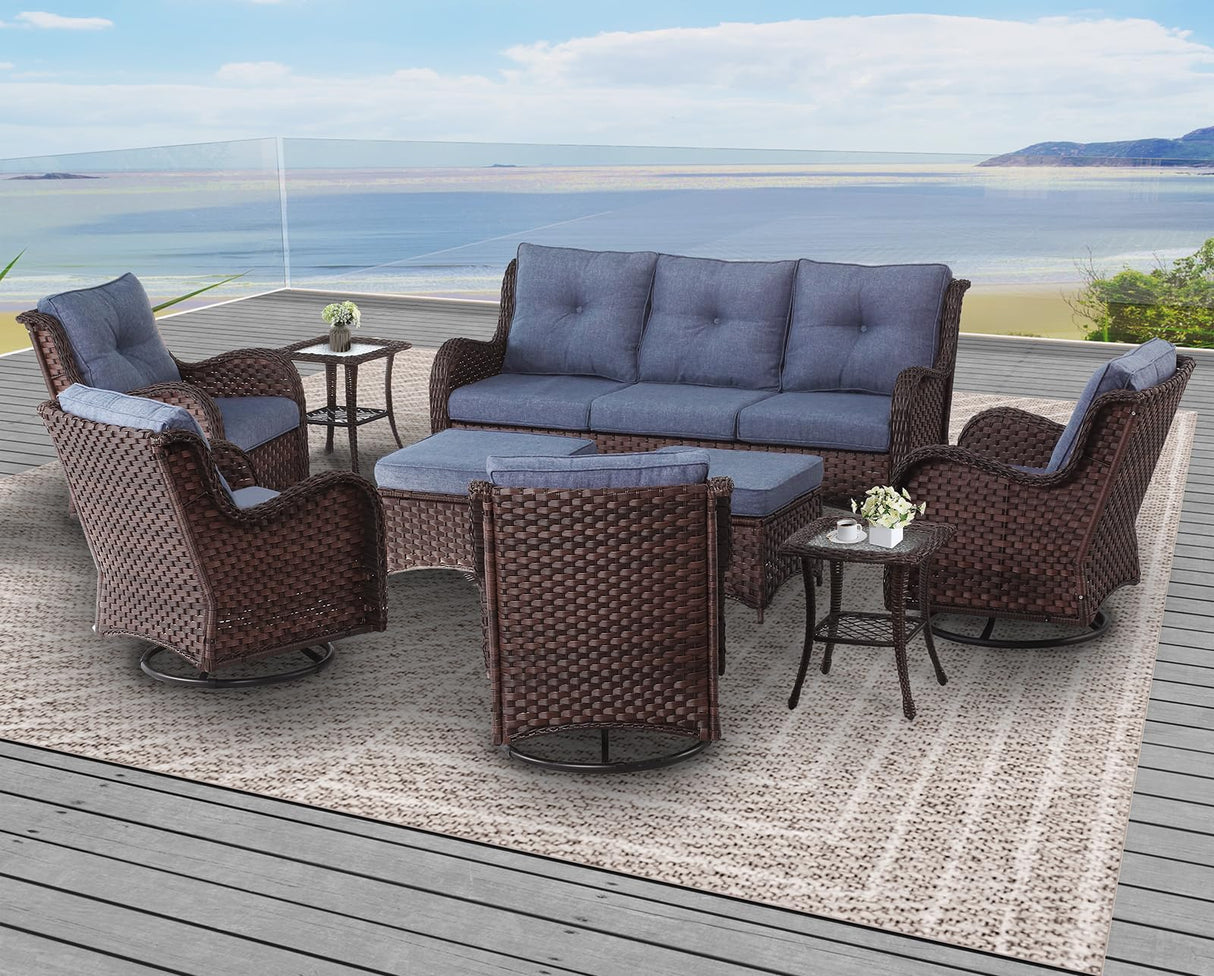LayinSun 9 Pieces Outdoor Patio Furniture Set, Rattan Wicker Sectional Swivel Rocker Chairs Sets with Ottomans, Swivel Glider Chairs and Coffee Table LayinSun