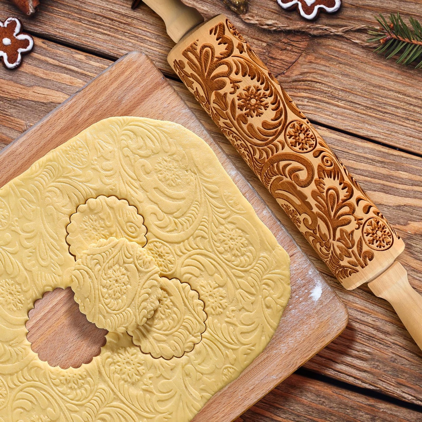 Embossed Wooden Rolling Pin with Carved Natural Wood and Snowflake Flower Pattern for New Year and Valentine's Day Baking. Cute Kitchen Tool for Kids and Adults to Emboss Cookies