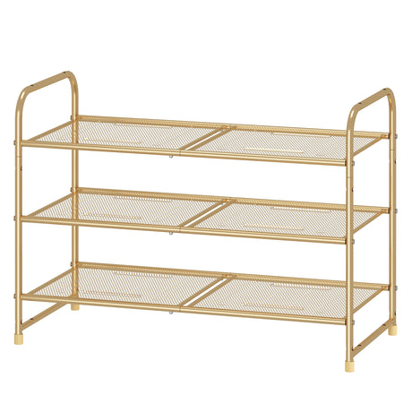 Simple Trending 3-Tier Stackable Shoe Rack, Expandable & Adjustable Shoe Shelf Storage Organizer, Metal Mesh, Gold Simple Trending