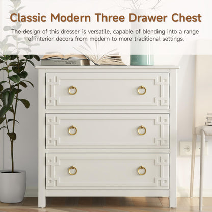 COZAYH Farmhouse 3-Drawer Dresser, Fully-Assembled French Country Chest of Drawers with Embossed Geometric Lines, Rustic Dresser for Bedroom, Living Room, White