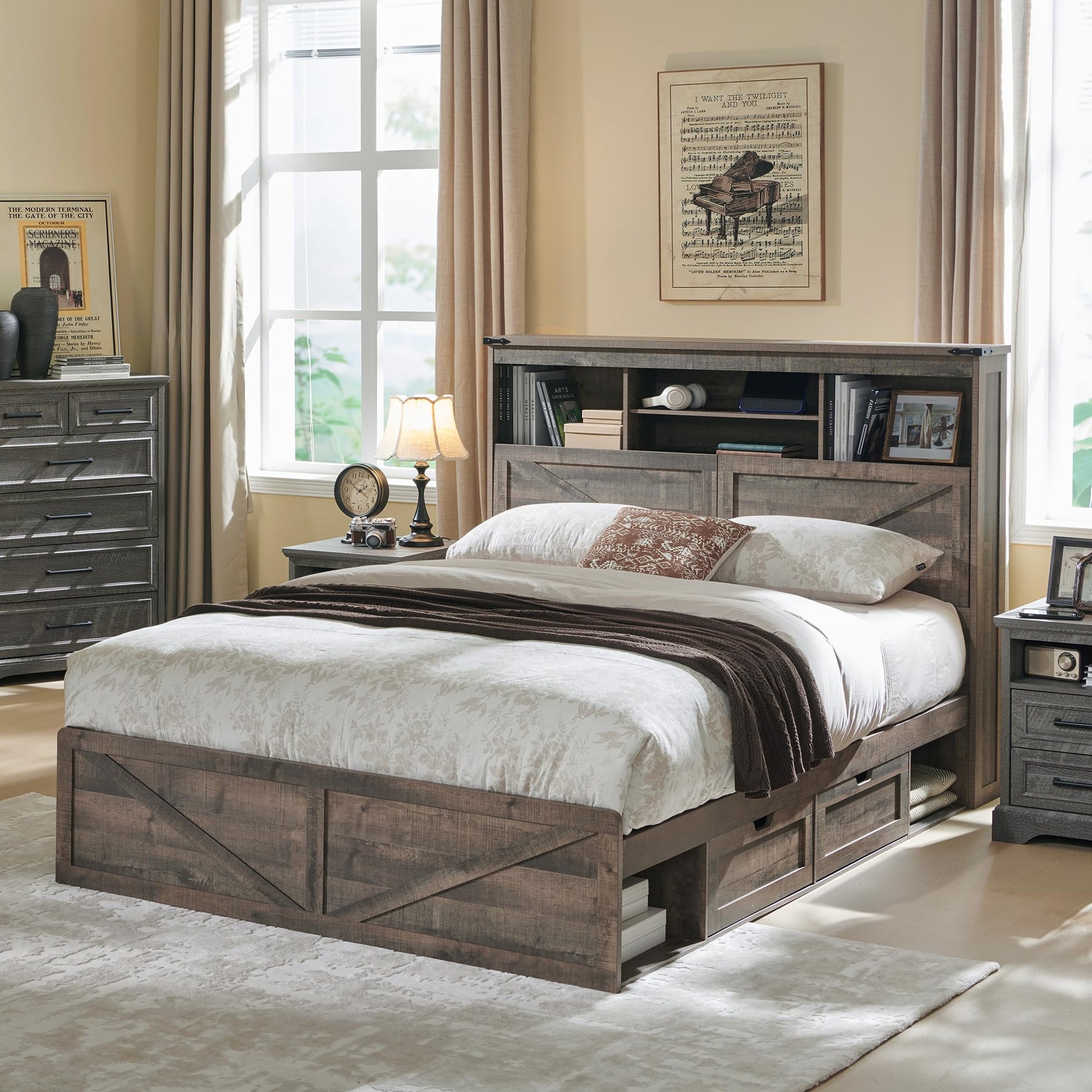 ACCOHOHO Luxury Farmhouse Wood Bed Frame with 52" Bookcase Headboard, LED Lighting & Charging Station - Light Brown - WoodArtSupply