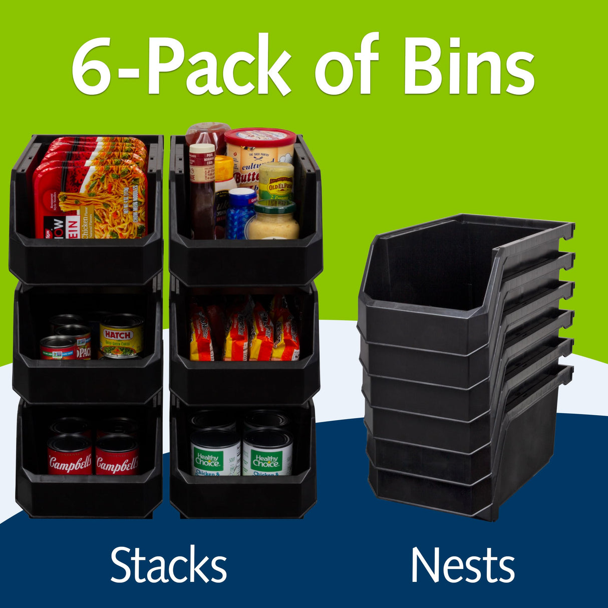 ReadySpace Plastic Containers for Organizing and Storage Bins for Closet, Kitchen, Office, Garage or Pantry Organization, Stackable Bins, Large (14.8" x 8" x 7"), 6-Pack, Black ReadySpace