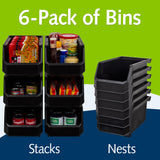 ReadySpace Plastic Containers for Organizing and Storage Bins for Closet, Kitchen, Office, Garage or Pantry Organization, Stackable Bins, Large (14.8" x 8" x 7"), 6-Pack, Black ReadySpace