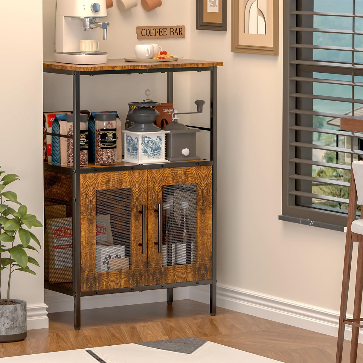 X-cosrack Buffets Coffee Bar Station, 3-Tier Small Coffee Stand Station with Storage, Farmhouse-Style Microwave Cart Featuring 2-Door Cabinet Ideal for Living Room, Entryway, Sideboards X-cosrack