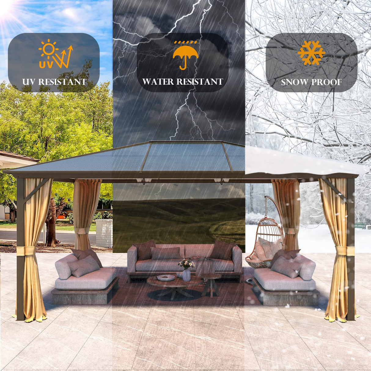 YOLENY 12'x16' Hardtop Gazebo, Outdoor Polycarbonate Roof Canopy, Aluminum Frame Permanent Pavilion with Curtains and Netting, Sunshade for Garden, Patio, Lawns, Khaki YOLENY