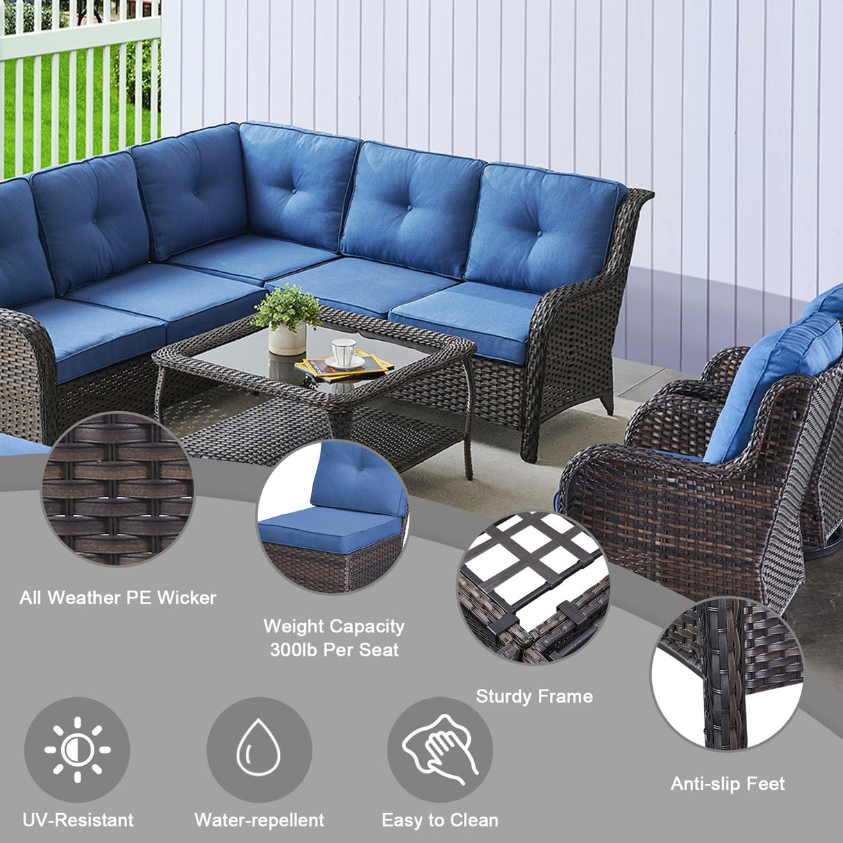 HUMMUH 8 Pieces Outdoor Patio Furniture Set with Fire Pit,L-Shaped Modular Sectional Couches with Swivel Patio Chairs,Wicker Conversation Set for Deck,Backyard,Porch,Garden HUMMUH