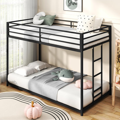 Zevemomo Twin Over Twin Bunk Bed, Metal Low Profile Bunkbeds with Full-Length Guardrail and Ladder, Space Saving, No Boxing Spring Needed, Black