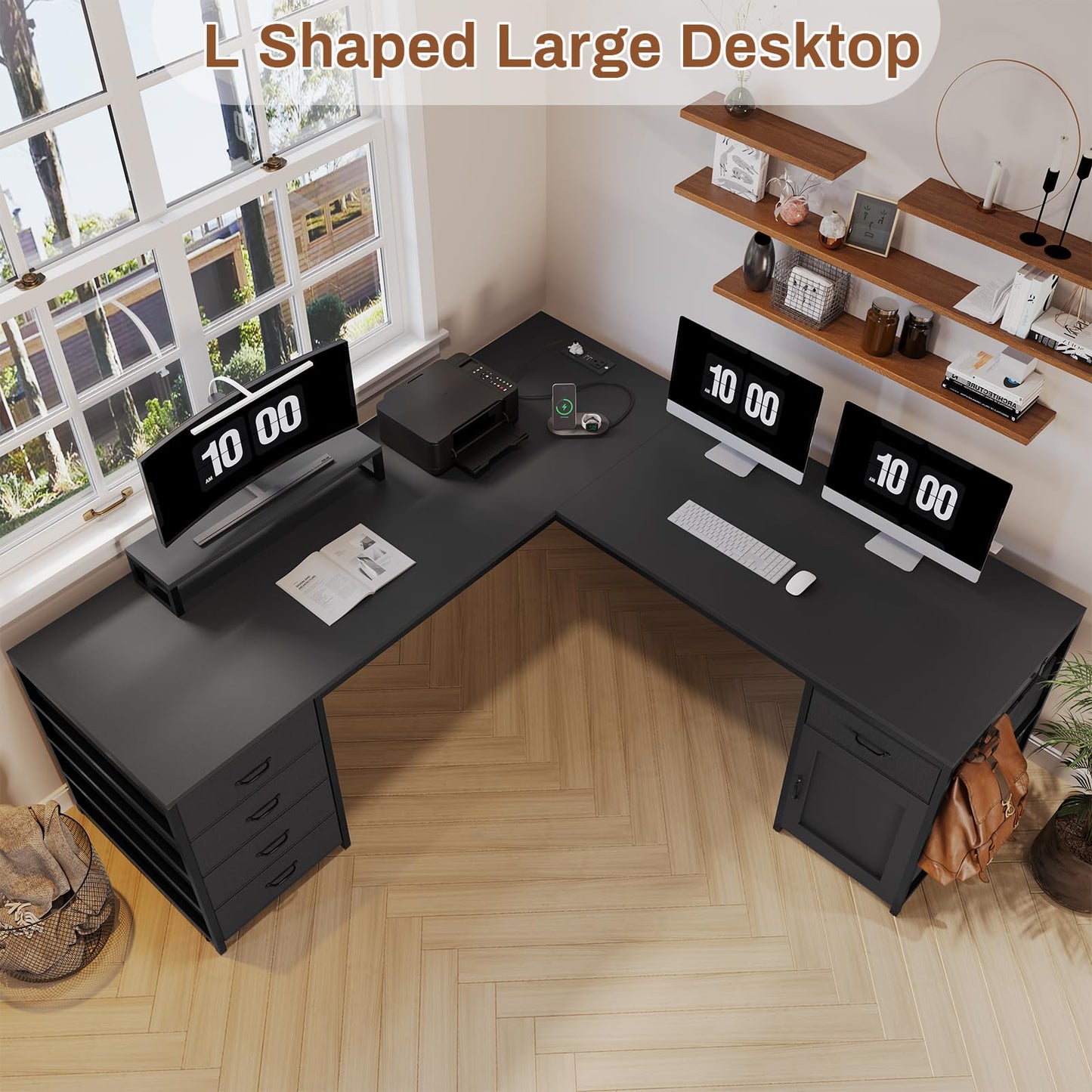 SEDETA L Shaped Desk, 63" Computer Desk with 5 Drawer & Power Outlet,Long Home Office Desk or Corner Desk, L Shaped Corner Desk with Monitor Shelf, Storage Cabinet, Black - WoodArtSupply