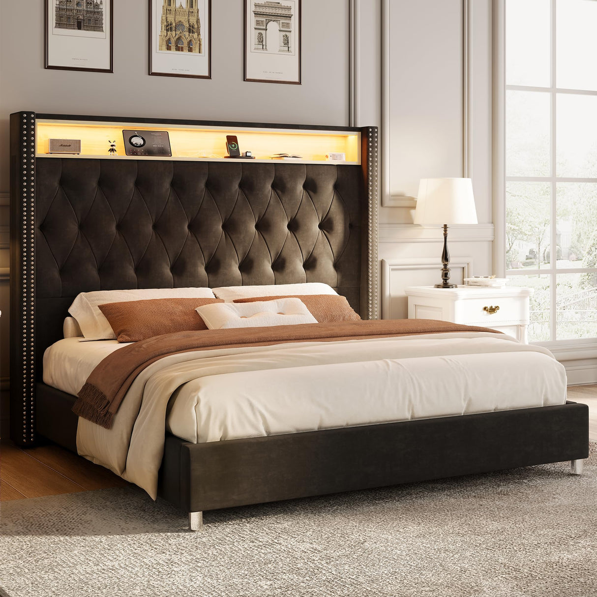 Jocisland King Size Bed Frame 53.6'' Tall Storage Headboard with LED Lights & Charging Station, Velvet Upholstered Button Tufted Wingback Platform Beds, No Box Spring Needed, USB Ports, Black Jocisland