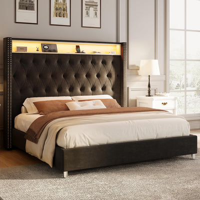 Jocisland King Size Bed Frame 53.6'' Tall Storage Headboard with LED Lights & Charging Station, Velvet Upholstered Button Tufted Wingback Platform Beds, No Box Spring Needed, USB Ports, Black