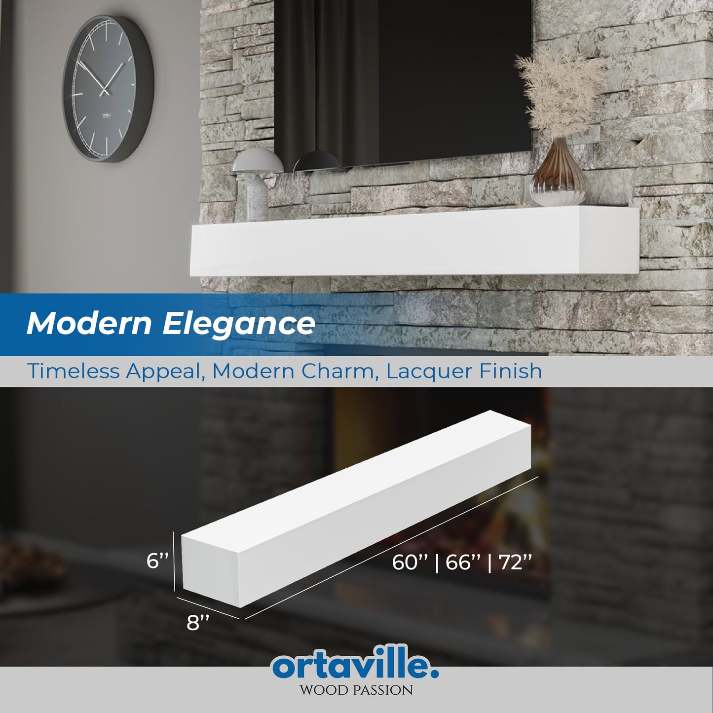 Ortaville Fireplace Mantel, Modern Design, Matte Lacqeur Finish, Wall-Mounted Floating Shelf (72", White)