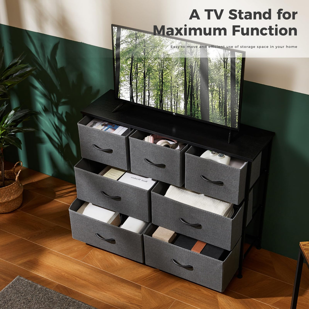 DUMOS Dresser for Bedroom with 7 Drawers, Storage Organizer Units Furniture, Chest Tower TV Stand with Fabric Bins, Metal Frame, Wooden Top for Nursery, Living Room, Kidsroom, Closet, Grey DUMOS