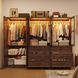 Hlivelood 75" Tall Farmhouse 6 Doors Armoire Wardrobe Closet with 6 Drawers and LED,Freestanding Closet Wardrobe Cabinet for Bedroom with Hanging Rod,Wooden Armoire Storage Cabinet(Brown 6 Doors 2) Hlivelood