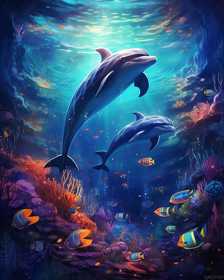 QACEYID Dolphin Paint by Number for Adults, DIY Oil Painting Kit on Canvas with Paintbrushes and Acrylic Pigment, Perfect for Paint by Numbers for Beginner, for Home Wall Decor 16x20Inch QACEYID