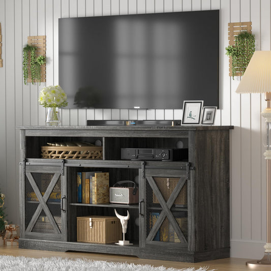 Xilingol Farmhouse Style TV Stand for 65+ Inch TV, 34" Tall Entertainment Center with Barn Door, Television Cabinets & Storage Shelves, 65" TV Stands for Living Room, Grey