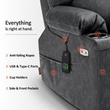 MCombo Electric Power Lift Recliner Chair Sofa with Massage and Heat for Elderly, 3 Positions, 2 Side Pockets, and Cup Holders, USB Ports, Faux Leather 7040 (Grey, Medium) MCombo