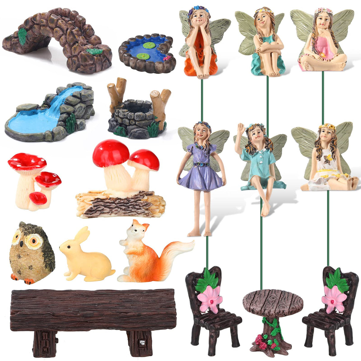Roowest 19 Pcs Miniatures Garden Fairies Kit Garden Accessories Miniatures Bunny Squirrel Owl Animals Cute Tiny Mushroom Mini Pond Bridge Figurine for DIY Home Micro Landscape Terrarium Ornaments Roowest