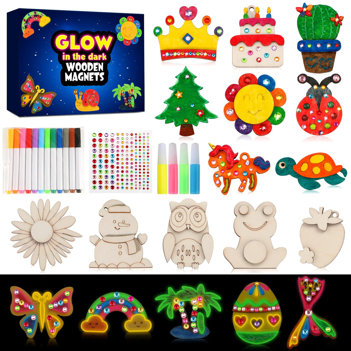 GWAHSA 30pcs DIY Wooden Magnets, Glow in The Dark Wooden Art Craft Supplies Painting Kit for Kids Activities Party Favors for Boys Girls Ages 4-8 8-12 Birthday Gifts Toys Pinata Goodie Bags Stuffers GWAHSA
