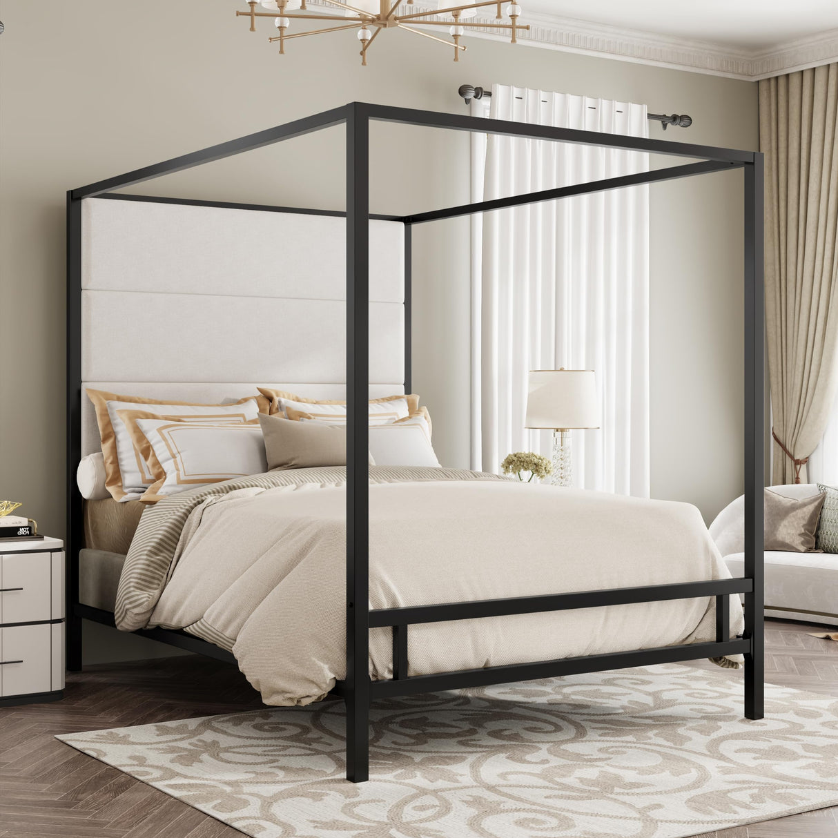 LUMISOL King Size Canopy Bed Frame, Modern Canopy Bed with Tall Velvet Fabric Upholstered Headboard Metal 4-Poster Bed Frame, Box Spring Needed, Black LUMISOL