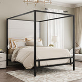 LUMISOL King Size Canopy Bed Frame, Modern Canopy Bed with Tall Velvet Fabric Upholstered Headboard Metal 4-Poster Bed Frame, Box Spring Needed, Black LUMISOL