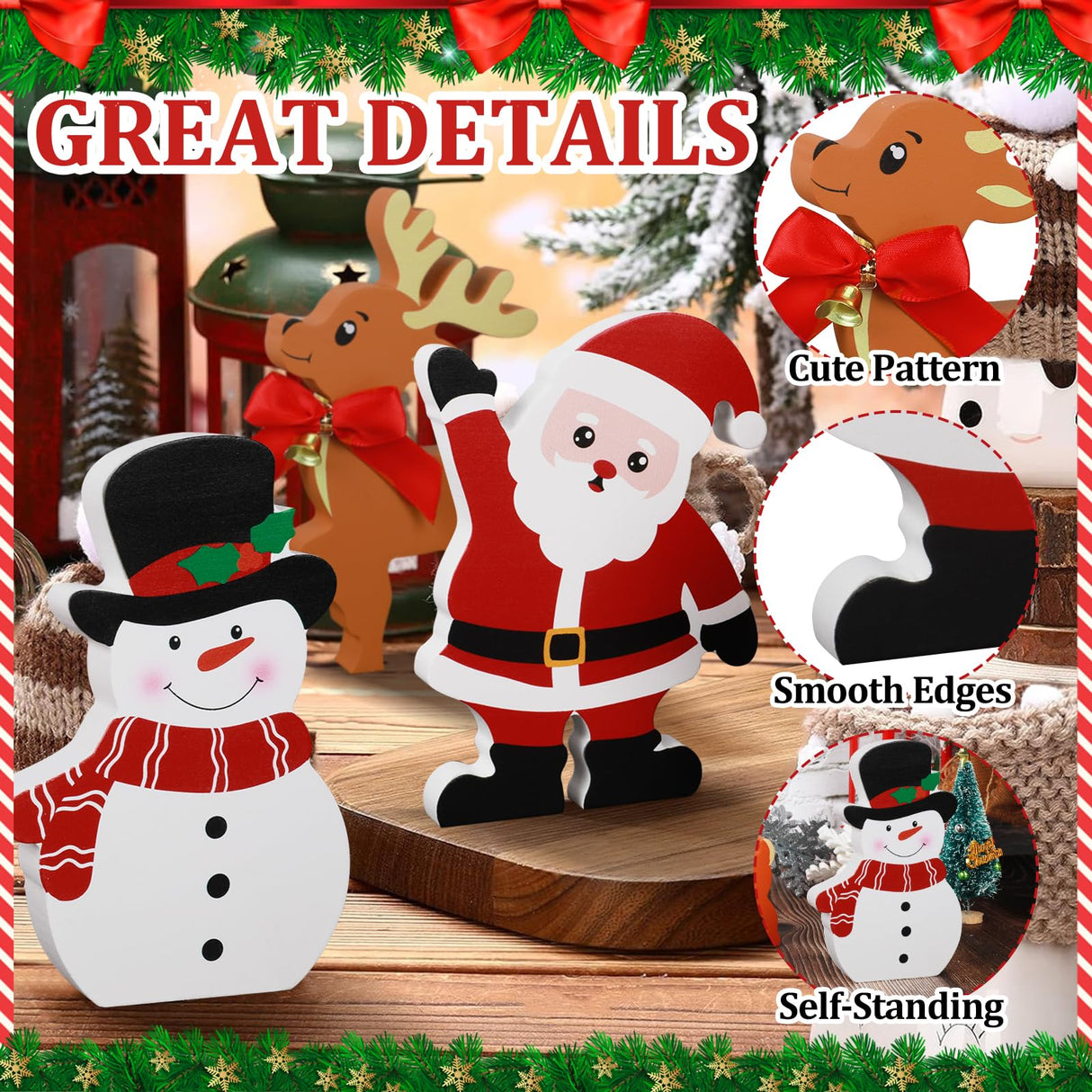 COCHIE Snowman Christmas Decorations Indoor, Cute Snowman Winter Tiered Tray Decor Set of 3, Wooden Snowman Blocks Xmas Table Decoration for Party Home Office Shelf Door (Santa Claus Reindeer) COCHIE