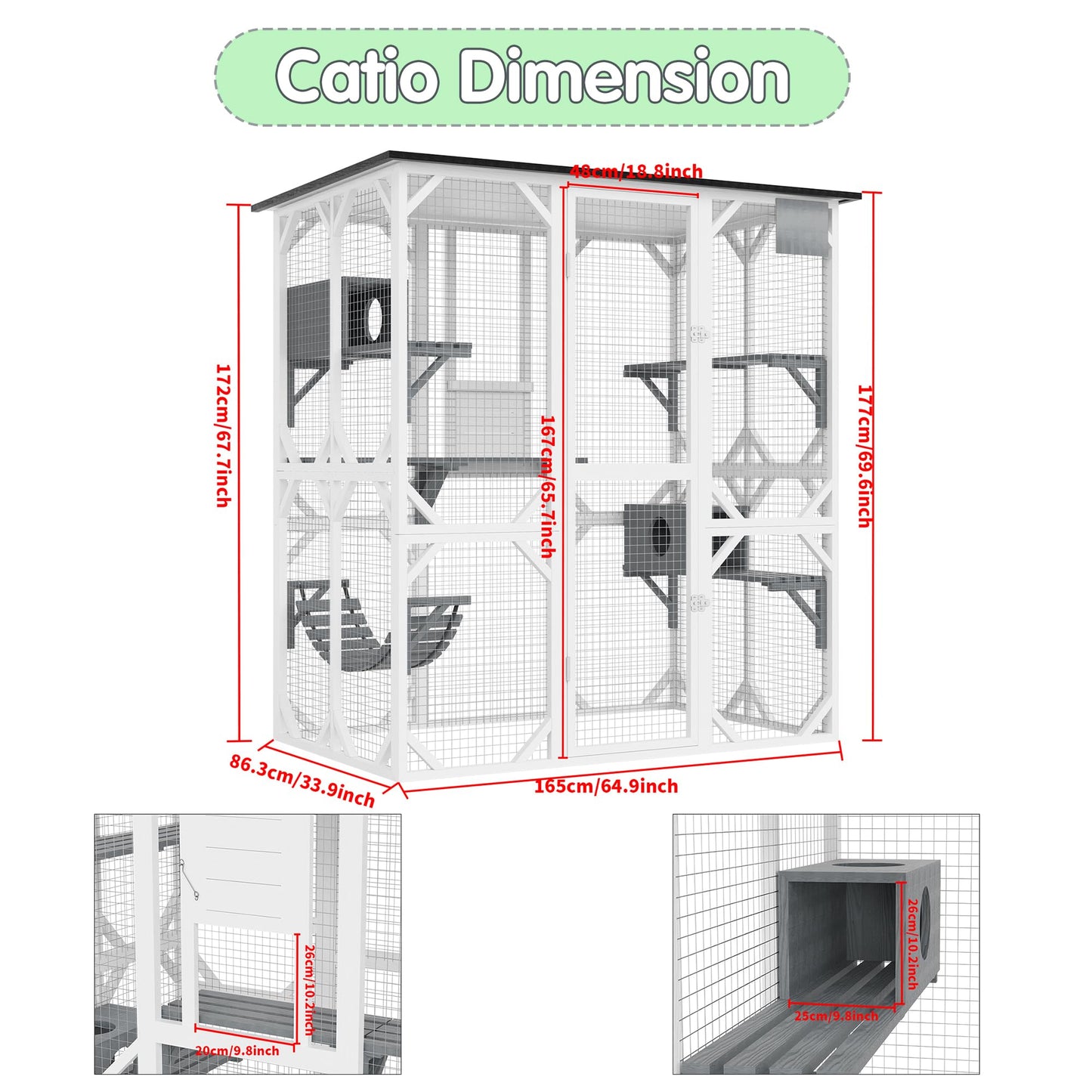 Large Wooden Catio, Outdoor Cat Enclosures for Multi Cats, 3-Tier Cat House with Swing, Resting Box, Cat Ball, Walk-in Cat Condo with Waterproof Roof, 64.9" L x 33.9" W x 69.6" H