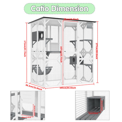 Large Wooden Catio, Outdoor Cat Enclosures for Multi Cats, 3-Tier Cat House with Swing, Resting Box, Cat Ball, Walk-in Cat Condo with Waterproof Roof, 64.9" L x 33.9" W x 69.6" H