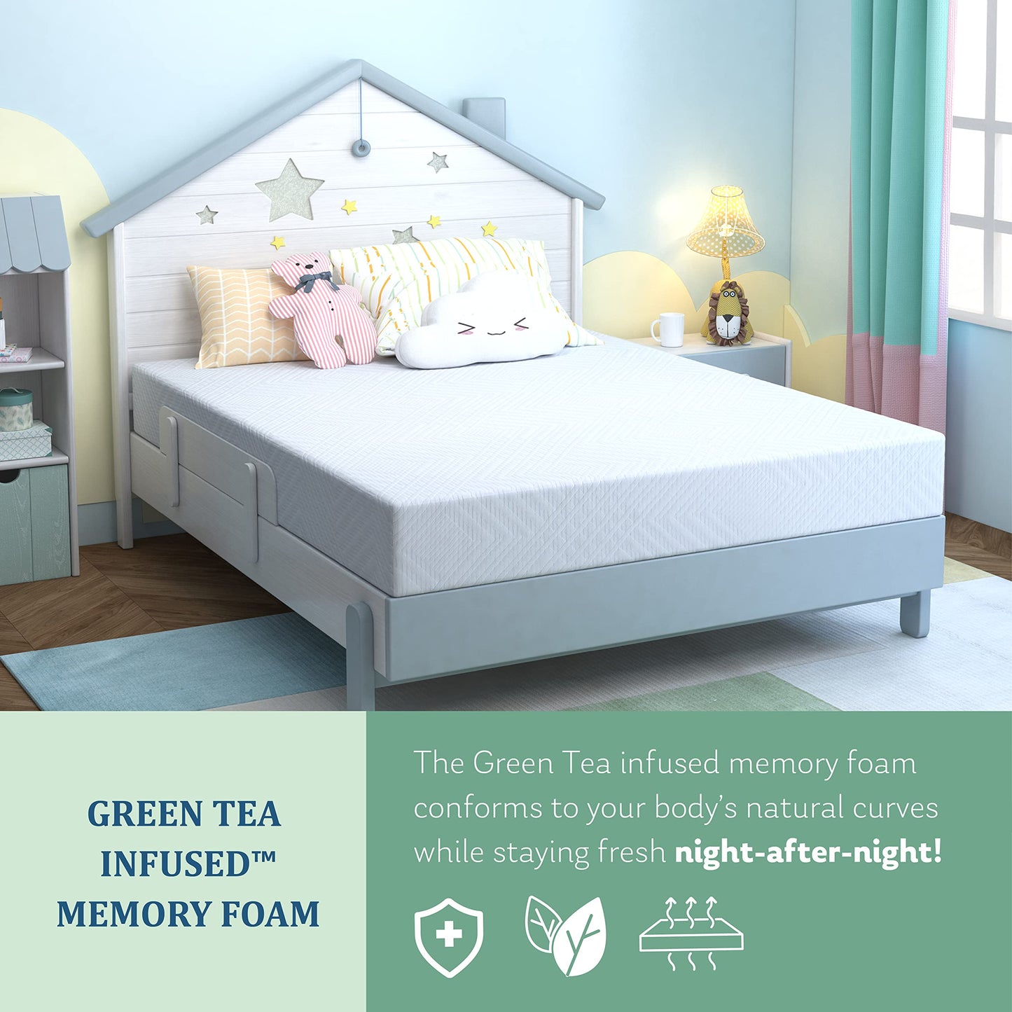 EGOHOME Twin Mattress for Kids, 6 Inch Green Tea Gel Cooling Memory Foam Bunk Bed Mattress in a Box, Made in USA CertiPUR-US Certified, Medium Firm Trundle Mattress, White