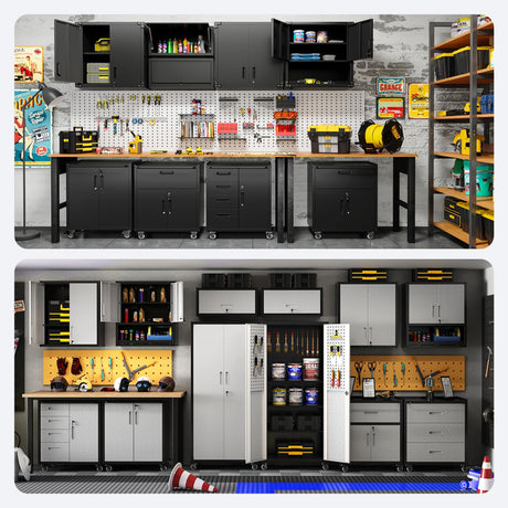VIYET Metal Tool Cabinet,Garage Storage Cabinet System,Wall Cabinet & Locking Rolling Tool Cabinet with Doors and Adjustable Shelves,Steel Tool Cabinets for Home (10 Pcs-StyleA, Black & Grey) VIYET