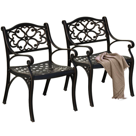 DWVO Set of 2 Outdoor Cast Aluminum Outdoor Chairs with Armrest, All-Weather Patio Dining Chair with Adjustable Feet for Balcony, Backyard, Deck, Garden, Hammered Bronze DWVO