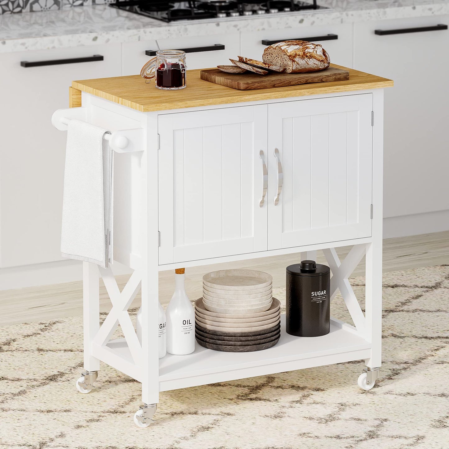 Spirich Kitchen Island on Wheels, Rolling Kitchen Cart with Storage Cabinet, Small Kitchen Island with Drop Leaf and Towel Rack for Dining Room, White - WoodArtSupply