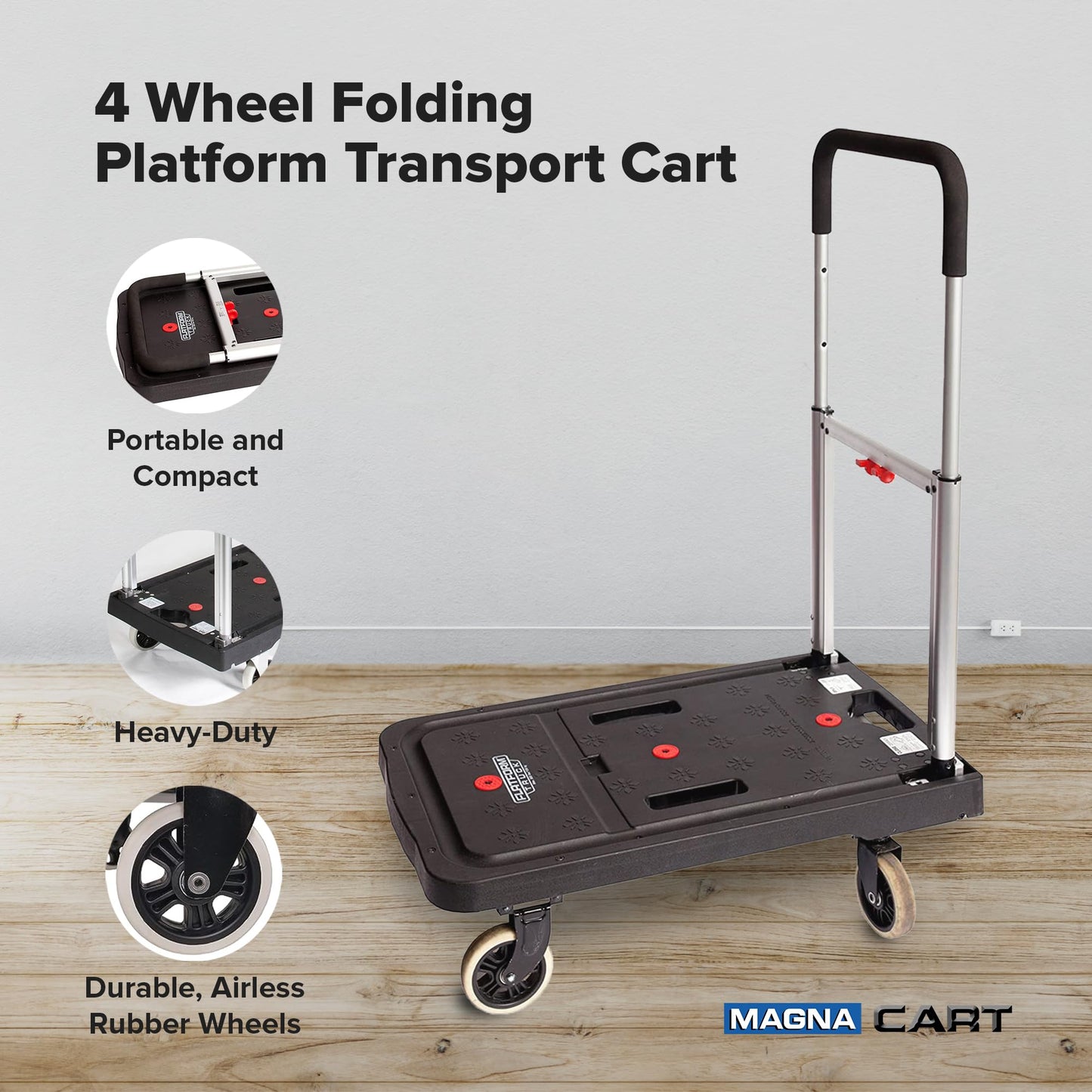 Magna Cart 4 Wheel Folding Platform Dolly Cart made from Heavy-Duty and Durable Aluminum with 300 Pounds Capacity, Lightweight, Silver