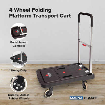 Magna Cart 4 Wheel Folding Platform Dolly Cart made from Heavy-Duty and Durable Aluminum with 300 Pounds Capacity, Lightweight, Silver