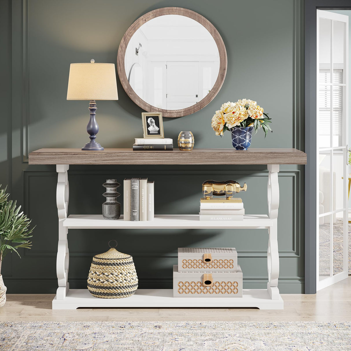 Tribesigns Farmhouse Console Table, 55 inch Rustic Entryway Sofa Table with Storage Shelves, 3 Tier Wood Long Accent Entry Table for Hallway, Entrance, Living Room, Foyer, Grey and White Tribesigns
