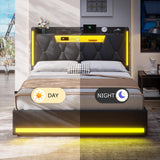 BYSAUD Queen Bed Frame with Storage Headboard & Hidden Storage, Upholstered Bed Frame Queen Size with LED Lights, with Charging Station, No Noise, No Box Spring Needed, Gray, Linen Cloth BYSAUD