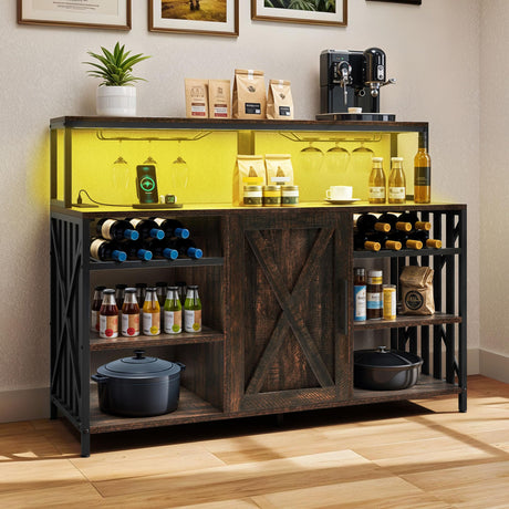 YITAHOME 47" Bar Table Cabinet with Power Outlet and LED Lights Wine Rack Storage Buffet with Glass Holder Liquor Cabinet for Dining Room Kitchen Living Room Rustic Brown YITAHOME