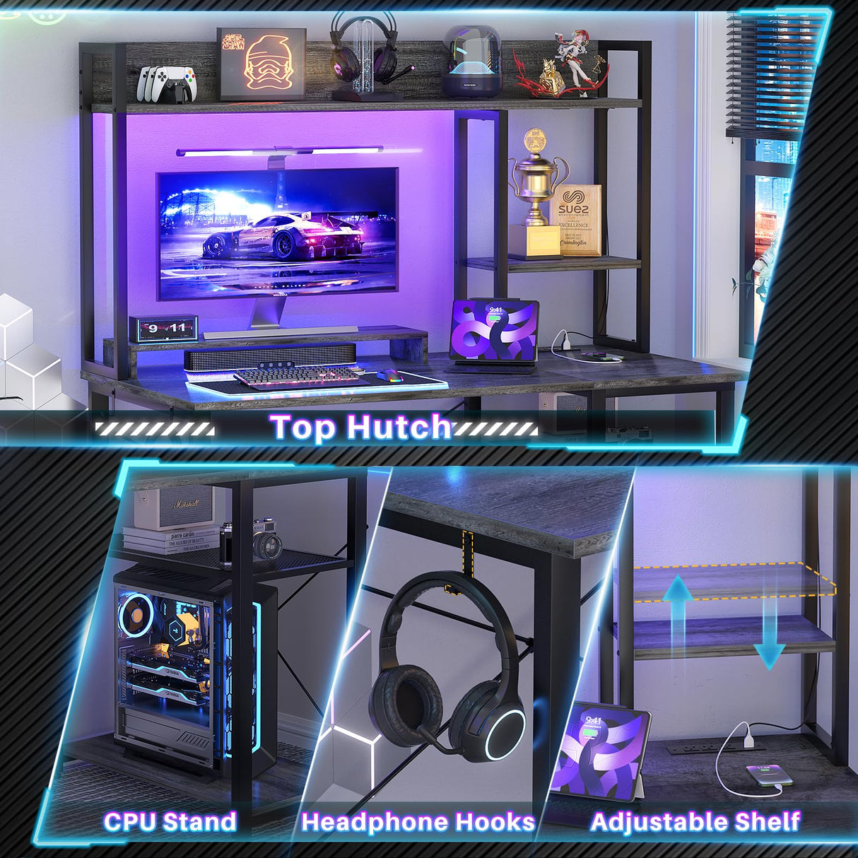 Cyclysio Gaming Desk with Hutch, 39'' Computer Desk with LED Lights & Power Outlets, Home Office Desk with Reversible 5 Tiers Storage Shelves & Monitor Stand, Small Gaming Table for Small Space, Grey Cyclysio