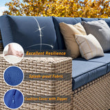 Aukreolis 13 Pieces Patio Furniture Set with Fire Pit Table, Outdoor Sectional Wicker Sofa with Thickened Cushions and Coffee Table, High Back Rattan Patio Conversation Sets, Navy Aukreolis